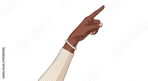 Hand with dark skin pointing a finger upwards diagonally across a white background while wearing a stylish white pearl bead bracelet on the wrist.