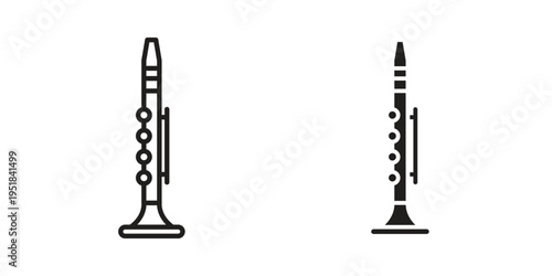 Clarinet icon set in black outline and fill. Editable icons
