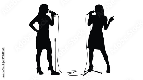 Two women singing into microphones on stands