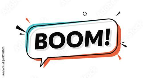 Comic book style speech bubble with the word boom written in bold black capital letters with teal and orange accent shapes for action sequences.