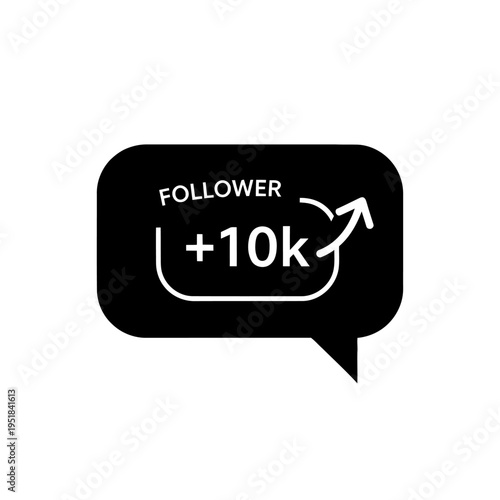 Black and white social media follower icon with 10k milestone and growth arrow on clean background