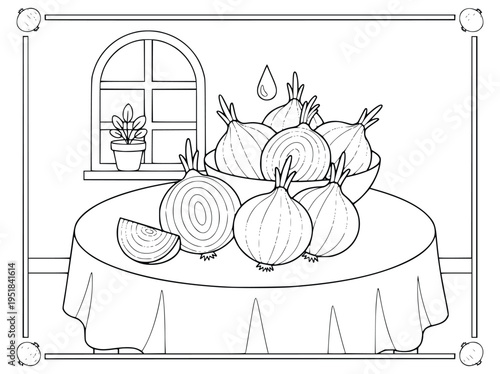  Vegetable coloring page featuring whole and sliced onions on a round table
