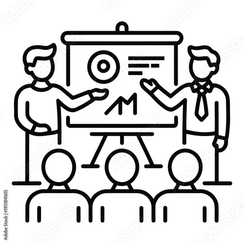 business presentation outline vector eps showing team and chart simple clean line illustration for corporate meeting analytics discussion and professional teamwork concept