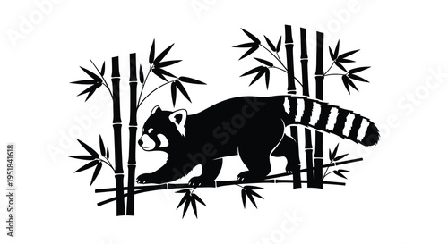 A striking black silhouette of a red panda walking amongst bamboo stalks showcasing a minimalist style silhouette high quality professional detailed