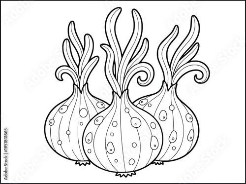Vegetable coloring book featuring three fresh onions with long wavy stalks