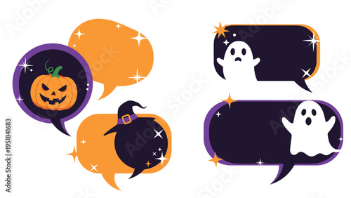 Spooky Halloween speech bubbles with carved pumpkins, ghosts, and a witch hat decorated with many sparkling stars.