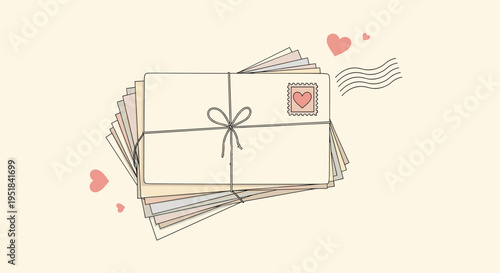 Stack of old fashioned envelopes tied together with a thin string and featuring pink heart stamps for a romantic love letter or snail mail theme.