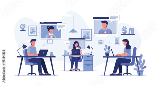 Set of 3 people working remotely vector illustration