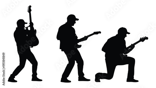 A man plays an electric guitar in different poses