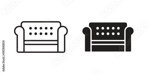 Couch icon set in black outline and fill. Editable icons