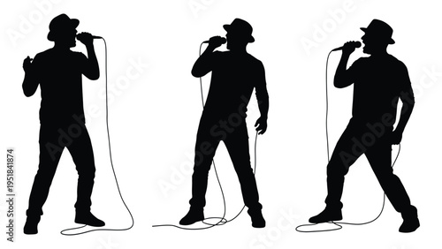 Silhouettes of three men singing into microphones