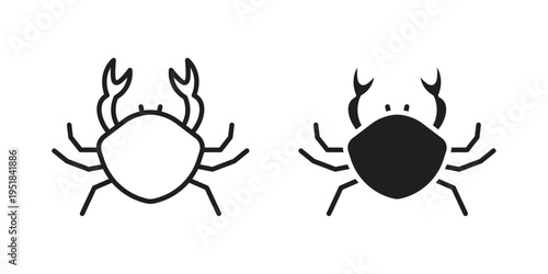 Crab icon set in black outline and fill. Editable icons