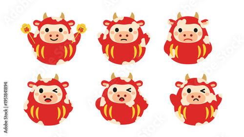 Set of six red daruma cows with various different facial expressions and golden ornaments for the year of the ox.