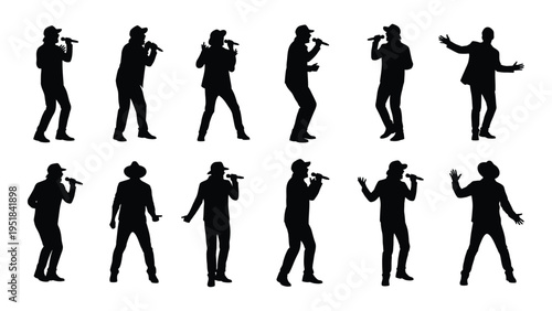 A set of black silhouettes of a man singing