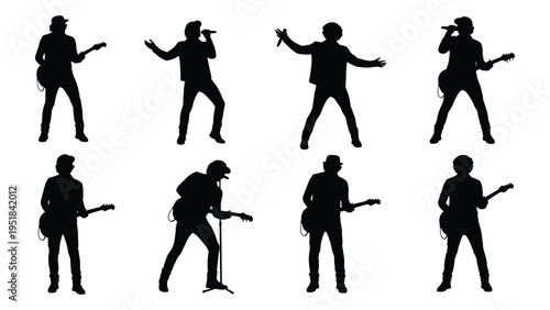 Eight black silhouettes of men playing electric guitars