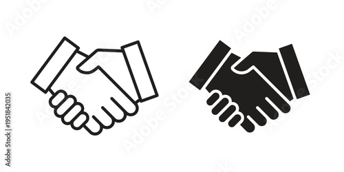 Deal handshake icon set in black outline and fill. Editable icons