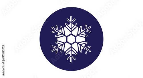 Symmetrical white snowflake icon placed inside a dark blue solid circle over a clean white background for winter weather or holiday decorations.
