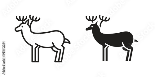 Deer icon set in black outline and fill. Editable icons