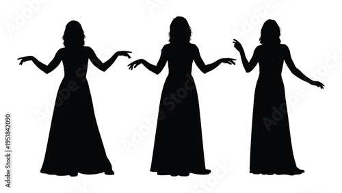 Three black silhouettes of women in long dresses