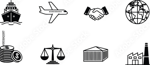 A set of vector line art silhouettes depicting global business and trade icons in a simple style