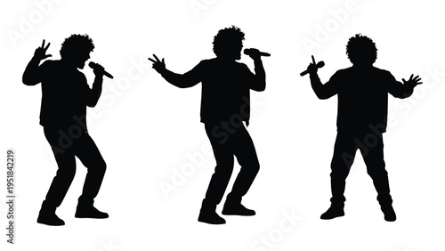A set of silhouettes of a man singing into a microphone