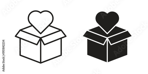 Donation box icon set in black outline and fill. Editable icons
