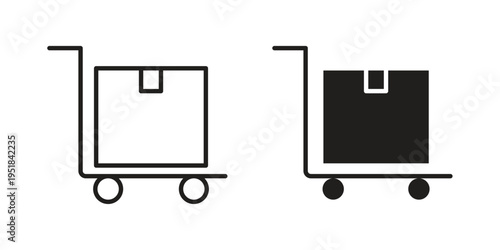 Dolly flatbed icon set in black outline and fill. Editable icons