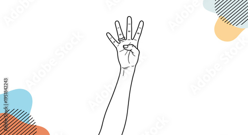 Hand with four fingers raised and a thumb tucked in making a number four sign over a white background with abstract colorful shapes and lines.