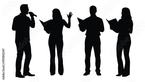 Four people standing and reading or singing