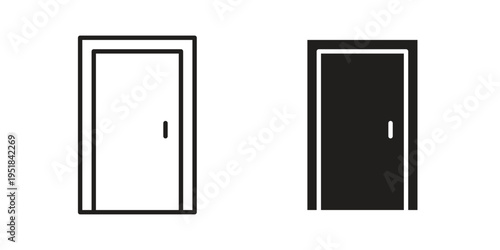 Door closed icon set in black outline and fill. Editable icons