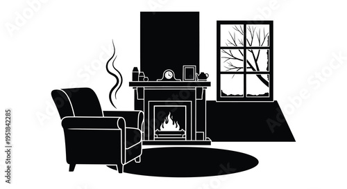 A cozy interior scene depicts a fireplace armchair and window rendered as a striking black silhouette high quality professional detailed modern