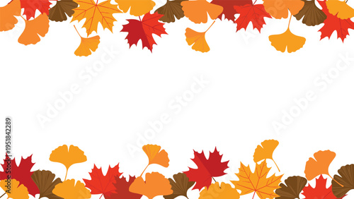 Autumn frame border made of red maple and yellow ginkgo leaves arranged on the top and bottom with a white center.
