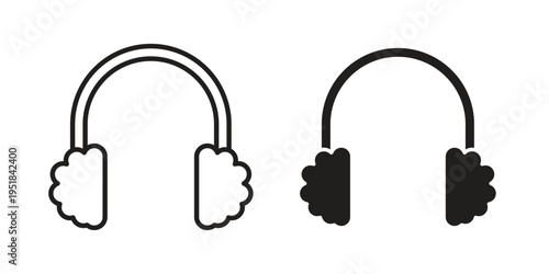 Ear muffs icon set in black outline and fill. Editable icons