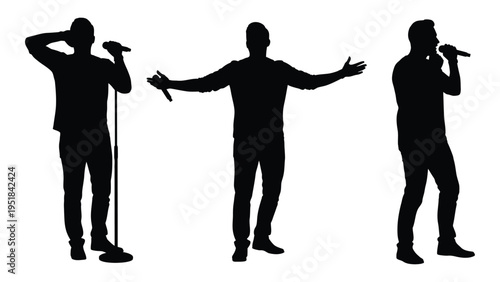 A set of silhouettes of a man singing into a microphone