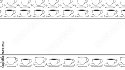 Sketchy line art frame border of coffee cups and saucers arranged in rows on a white background with center space.