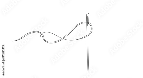 simple line art illustration featuring a sewing needle with a long piece of thread passing through its eye and looping back gracefully.