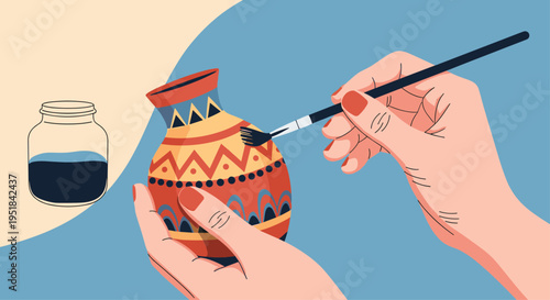 colorful illustration showing hands painting traditional geometric patterns onto a clay vase using a thin brush and dark blue paint.