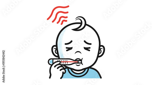 Sick baby boy with a thermometer in his mouth and wavy red lines above his head indicating a high body fever.