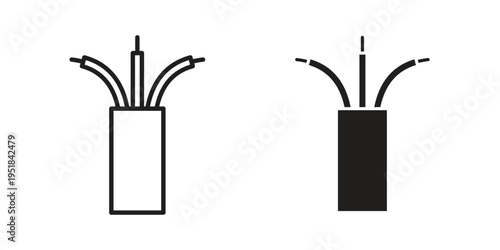 Electric cable icon set in black outline and fill. Editable icons