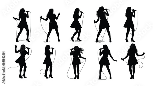 Eight black silhouettes of women singing with microphones