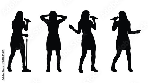 Four female singers in different poses with microphones