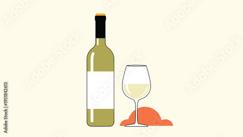 Full bottle of crisp white wine standing next to a filled elegant wine glass on a clean pale yellow background.