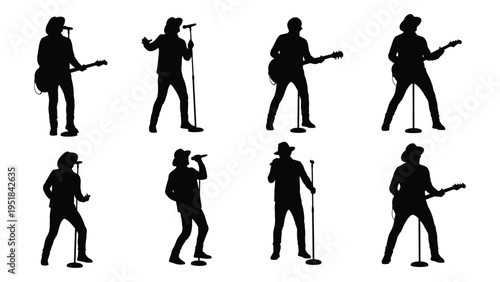 A set of eight black silhouettes of a man playing guitar and singing