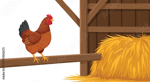 A vibrant illustration depicting a reddish brown hen standing near hay bales in a barn silhouette high quality professional detailed modern elegant