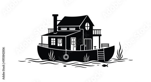 A striking black silhouette depicts a houseboat floating on water with decorative elements creating a captivating scene silhouette high quality professional