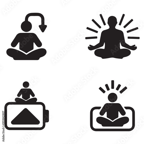Mindfulness and Mental Energy Icon Set with Meditation Yoga and Brain Recharge Concept