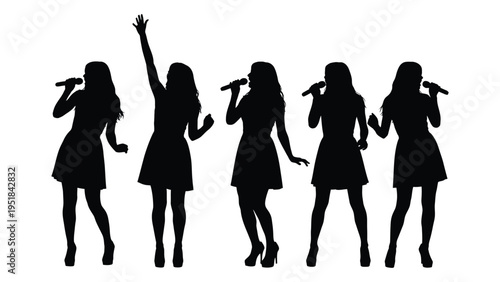 Five women singing with microphones in silhouette