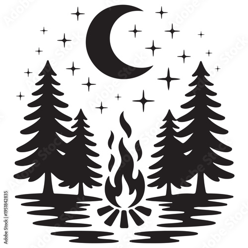 Night Camping Illustration with Bonfire Pine Forest Moon and Stars Silhouette