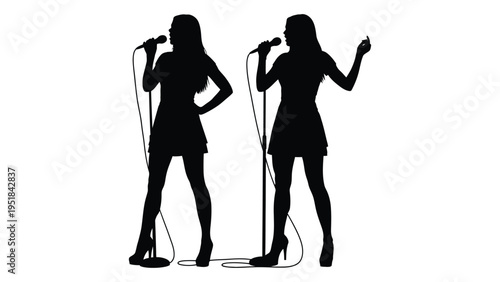 Two women singing into microphones on stage