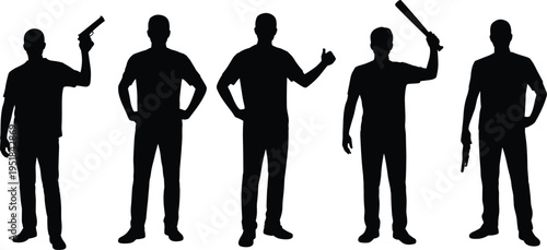 Male figure silhouette illustration, five expressive poses with handgun, baseball bat, and gestures, character design theme, vector art, black isolated bold composition for lifestyle visuals